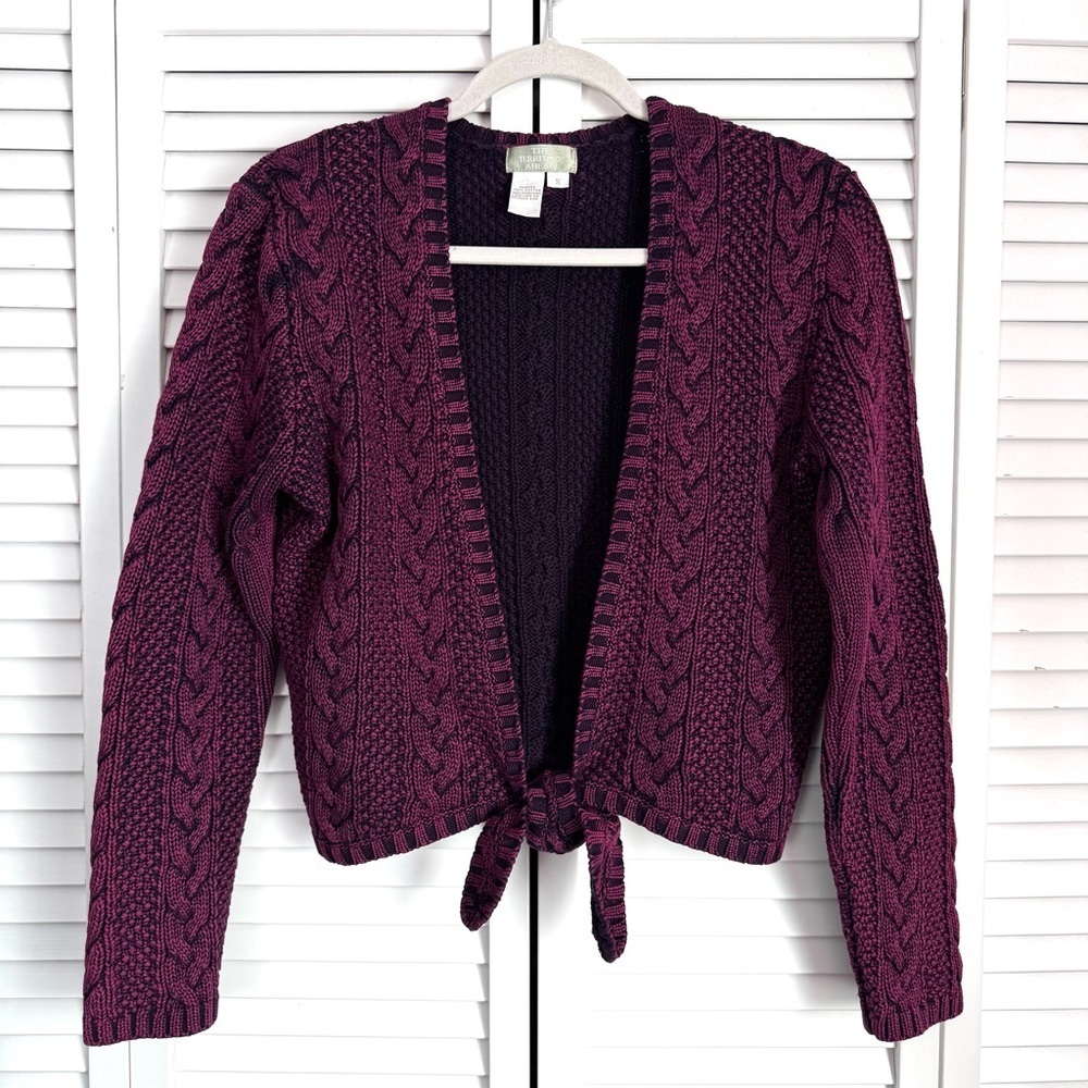 The Territory Ahead Cable Knit Open Cardigan Sweater Tie Knot Purple Small